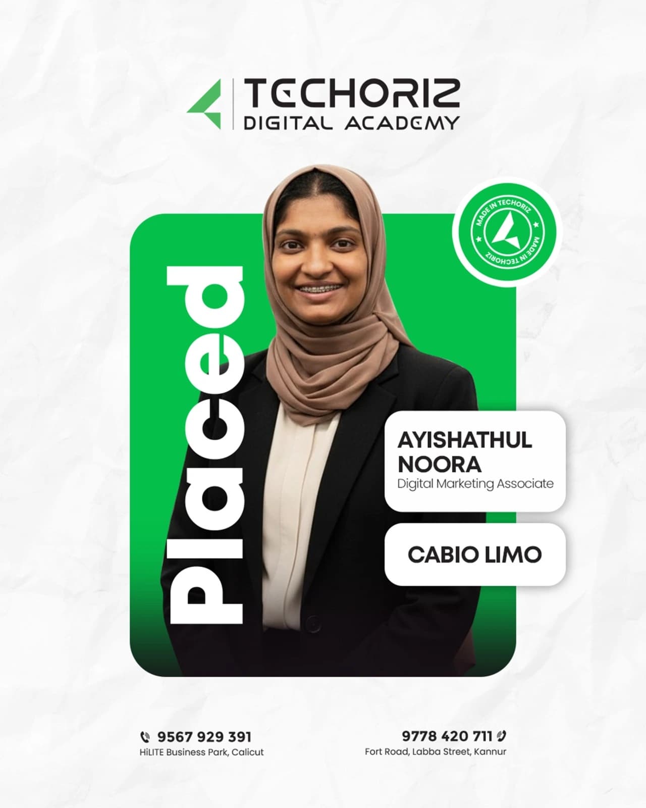 Techoriz student placed in digital marketing
